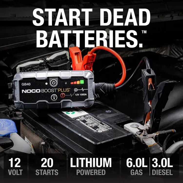 The maker's capability graphic: the GB40 clamped onto a car battery, captioned 12 volt, 20 starts, lithium powered, 6.0L gas and 3.0L diesel