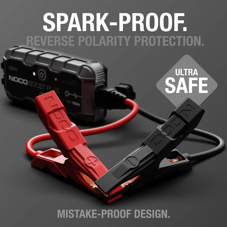 The maker's safety graphic: a close-up of the red and black clamps, captioned spark-proof, reverse polarity protection, mistake-proof design
