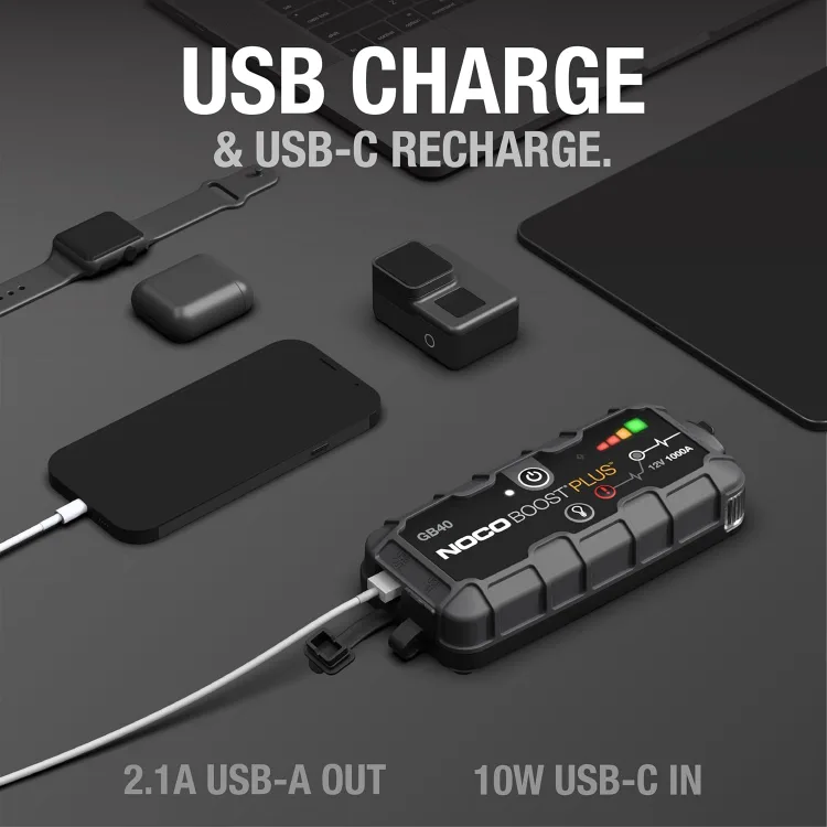 The maker's power-bank graphic: the GB40 charging a phone over USB, captioned USB charge and USB-C recharge, 2.1A USB-A out, 10W USB-C in