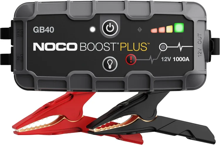 The NOCO Boost GB40 lithium jump starter with its red and black battery clamps