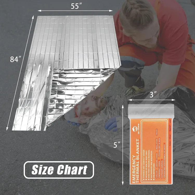 The maker's size chart for the QIO CHUANG emergency blanket: the open 55 by 84 inch silver sheet beside the 3 by 5 inch folded orange packet, over a roadside-assist scene