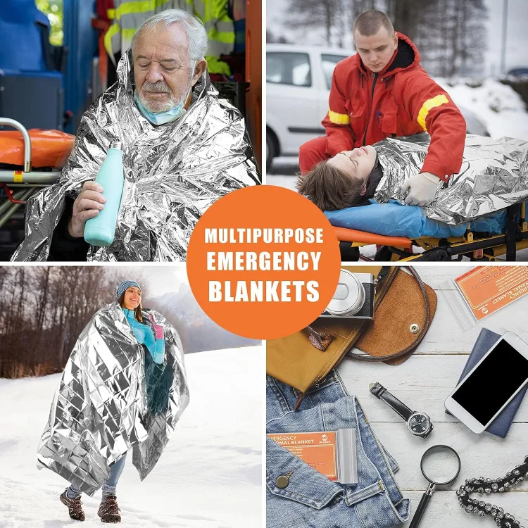 The maker's four-scenario usage grid for the QIO CHUANG emergency blankets: an elderly man wrapped beside an ambulance, a medic covering a patient on a stretcher, a hiker cloaked in snow, and a packet in an organized carry-bag flat-lay