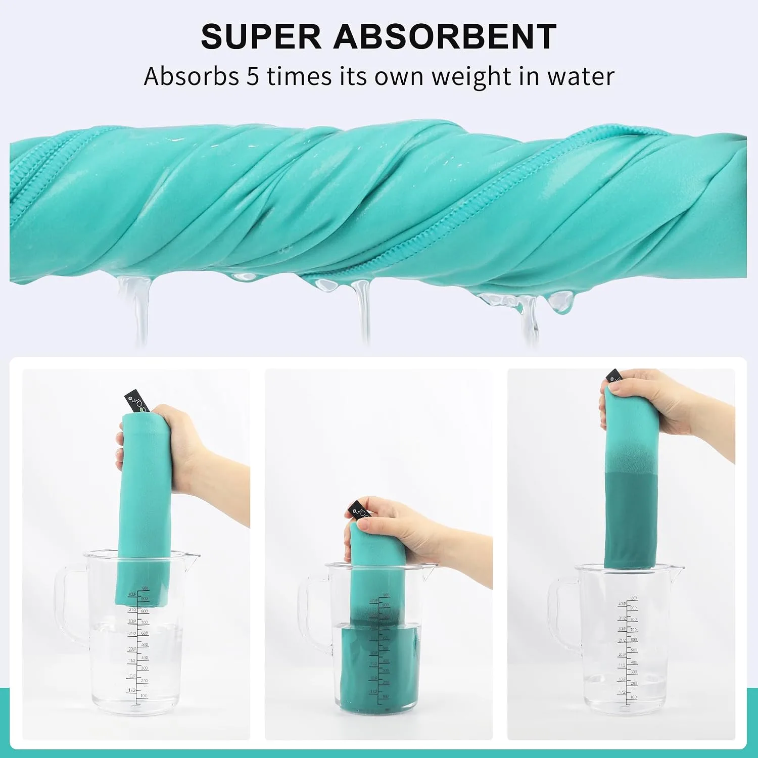The maker's absorbency graphic: a wrung mint towel dripping, three beaker frames, and the words 'absorbs 5 times its own weight in water'