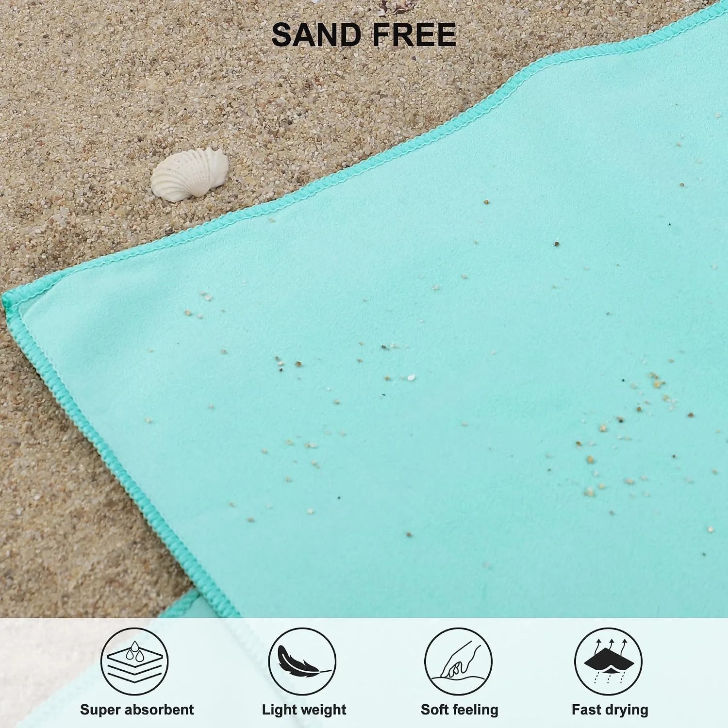 The maker's 'sand free' graphic: the mint towel lying on beach sand with a few loose grains and a small shell