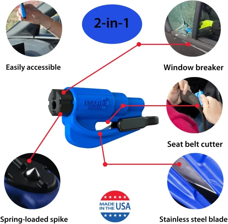 Maker's diagram of the resqme tool labeling the spring-loaded spike, the stainless steel blade, the window breaker and the seat belt cutter.