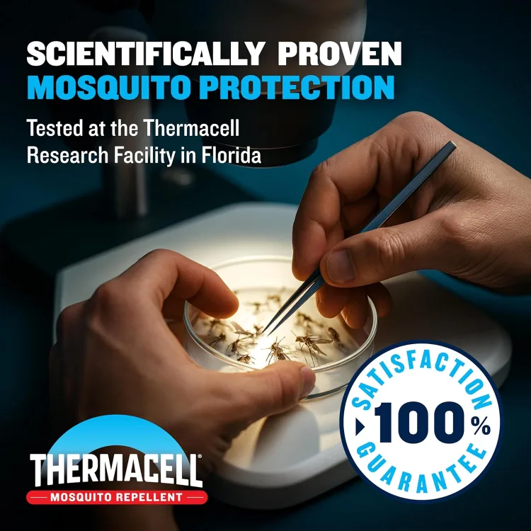 Lab photo from the maker's listing: tweezers and a petri dish of mosquitoes at the Thermacell research facility in Florida