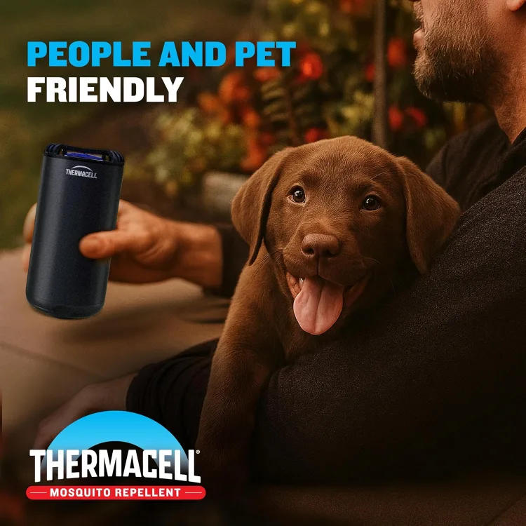 The maker's people-and-pet-friendly photo: a hand holding a dark-colorway Thermacell device beside a chocolate Lab puppy on a porch