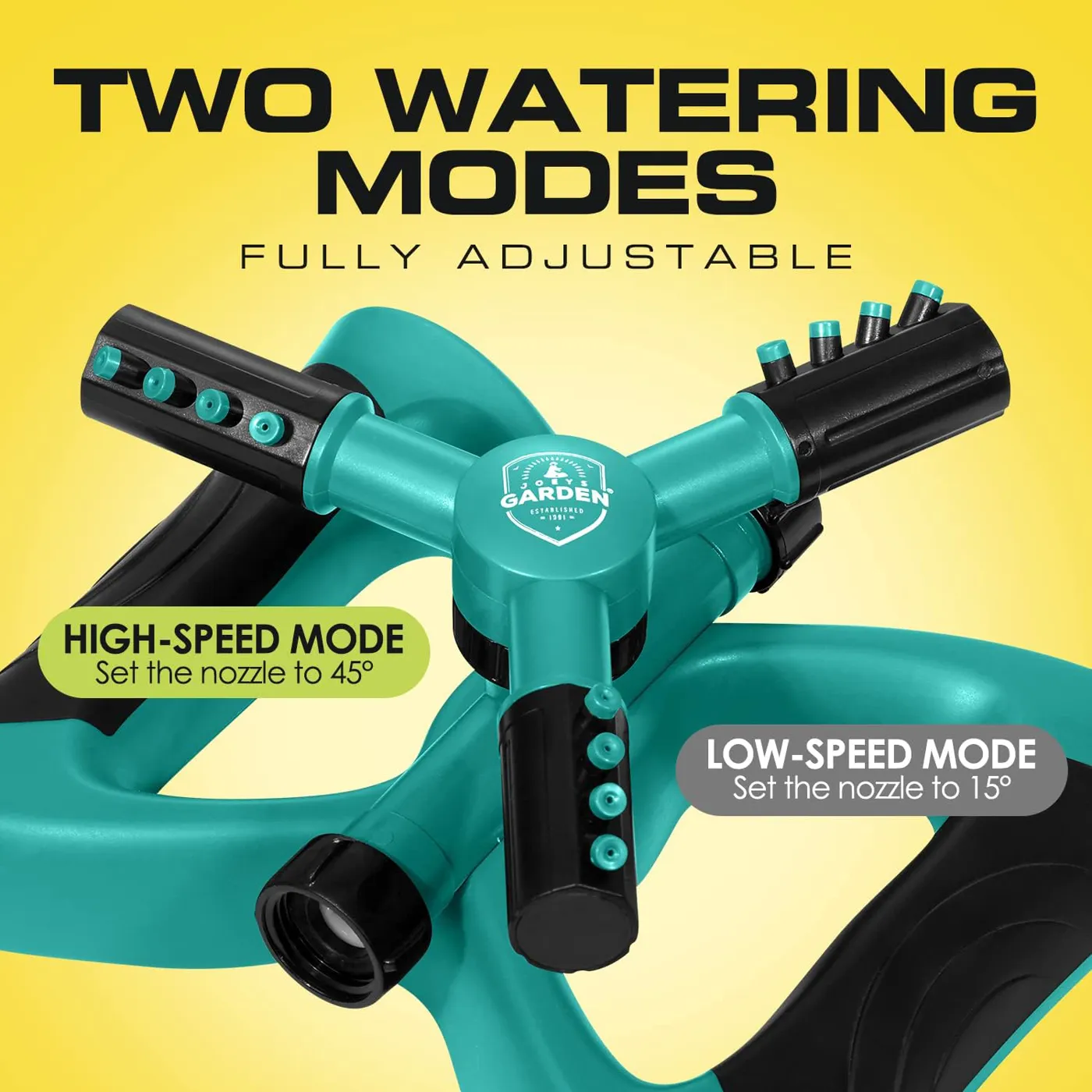 Diagram: nozzles at 45 degrees for high-speed wide coverage, 15 degrees for a low-speed gentle soak