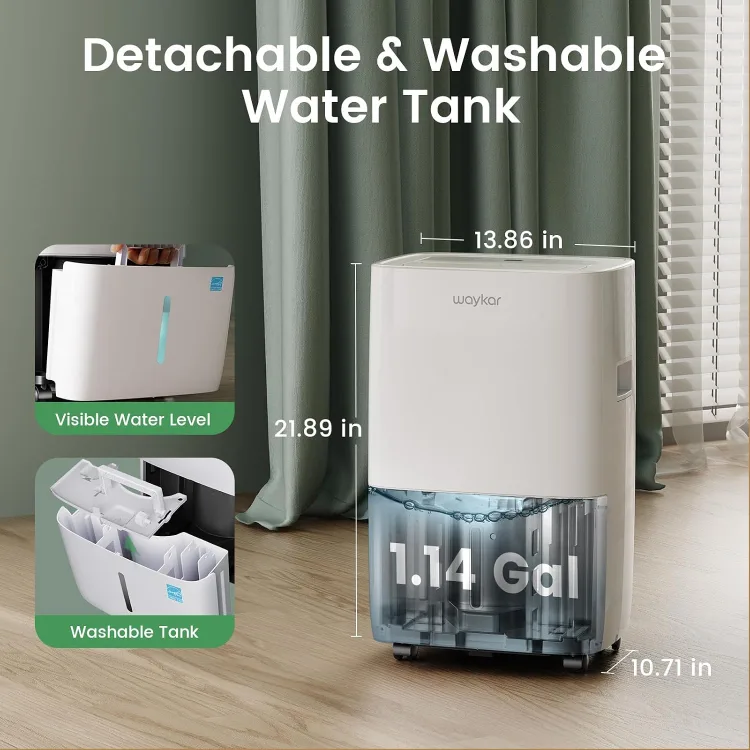 Maker infographic: the detachable, washable 1.14-gallon tank with visible water level and washable-tank insets, plus unit dimensions 13.86 x 21.89 x 10.71 inches
