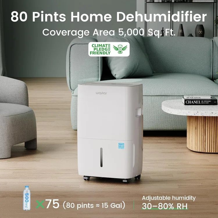 Maker graphic: 80 pints per day over up to 5,000 square feet, the 80-pints-rendered-as-about-15-gallons water-bottle math, and the 30 to 80 percent adjustable humidity range