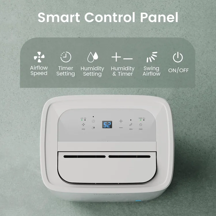 Maker photo, top-down of the control panel: airflow speed, timer, humidity setting, swing and power controls around the digital humidity readout