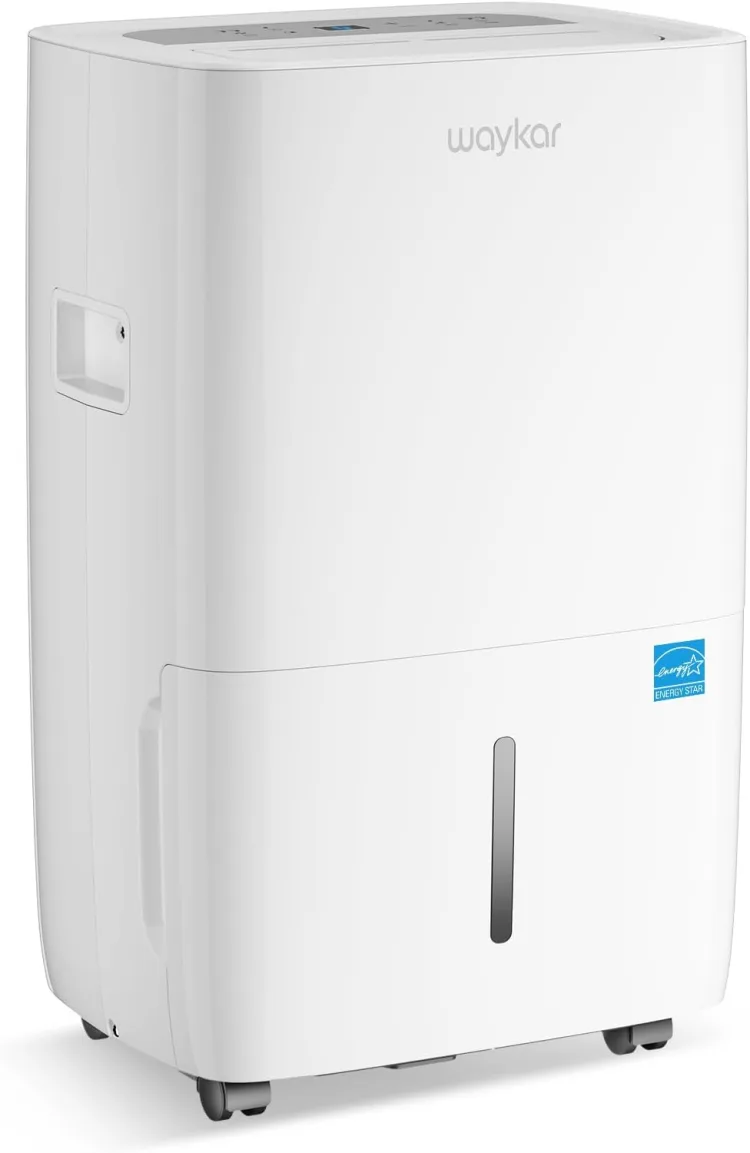 The white upright Waykar dehumidifier with its control panel, water-level window and rolling casters