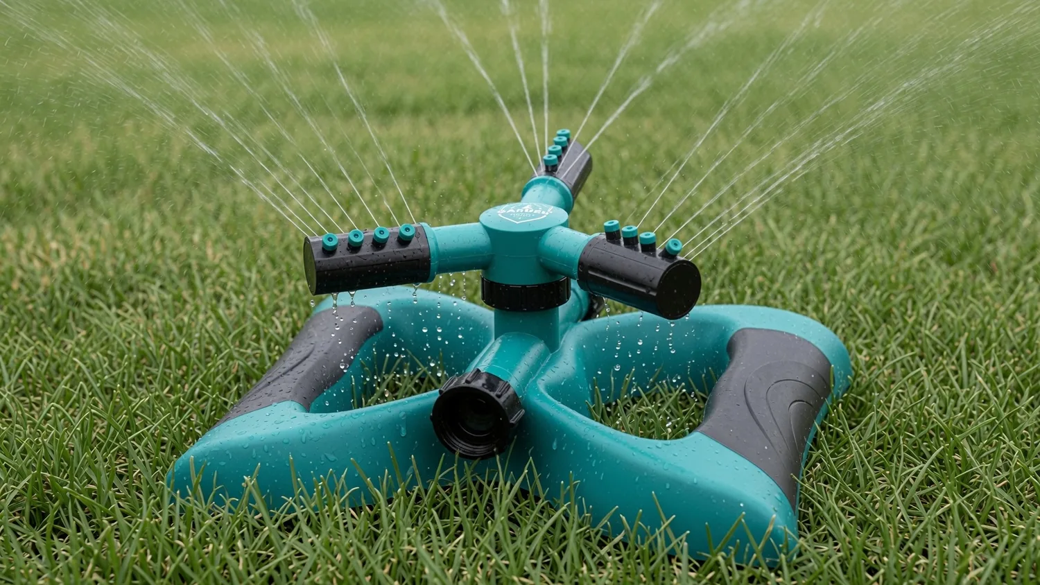 Close-up of the sprinkler's molded ABS arms and nozzles with water beaded on the plastic